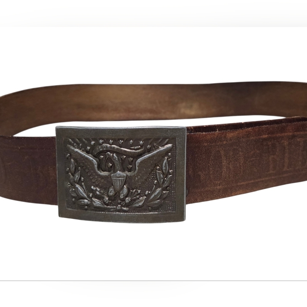 Vintage God Bless America Brown Leather Belt with Eagle Buckle